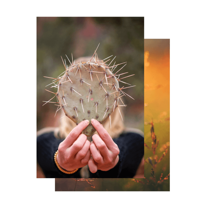 femme tenant un cactus devant son visage